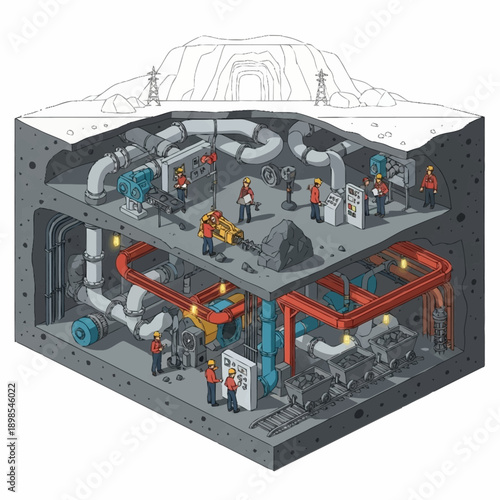 Underground facility with workers and complex machinery.