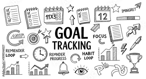 Doodle illustration of goal tracking elements and icons for planning and success