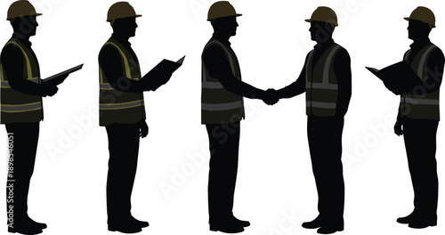 Construction workers collaborating with clipboards and handshake, teamwork communication and safety supervision process, cad drawing flat vector illustration