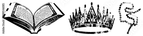 Open book with text pages, crown with pointed, dollar sign formed by beads, black and white vector, symbolic, flat design, isolated elements.