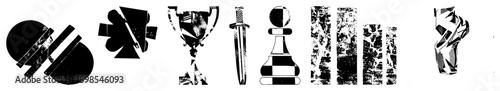Black and white vector including trophy, sword, chess piece, playing card suit, and abstract shapes, rendered in halftone texture with high contrast and graphic design aesthetic.
