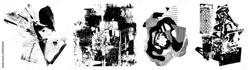 Obraz premium Fragmented abstract shapes with halftone textures, graphic design elements, vector art, bold black and white composition, modern art motifs.