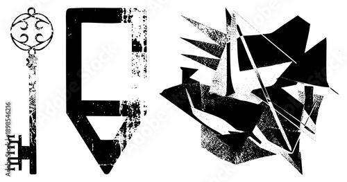 Antique key with scrollwork, stylized glyph symbol, fragmented abstract shapes, halftone texture, vector art, design, graphic elements.