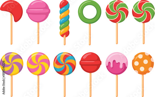 A set of 12 colorful lollipop illustrations arranged in two rows against a white background.