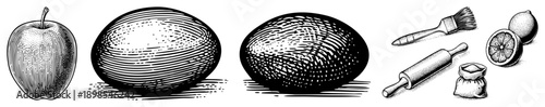 Classic engraved style fruit and kitchen tools, halftone shading, rustic baking set, vintage engraving, food art, culinary illustration.