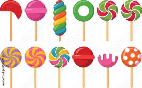 A set of 12 colorful lollipop illustrations arranged in two rows against a white background.
