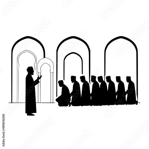Black silhouette Taraweeh prayer mosque interior scene with imam on white background