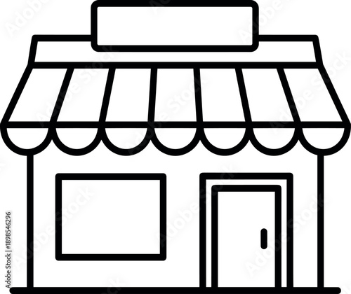 Minimalist storefront icon with striped awning and display window for small business shop and retail boutique branding vector.