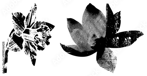 Two abstract flower graphics rendered in bold black shapes with halftone shading and distressed textures, isolated vector art for design use.