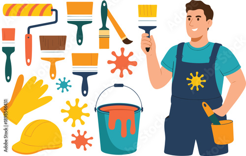 A flat design illustration of a painter's workspace and tools. On the right side is a male figure wearing navy blue overalls and a teal t-shirt