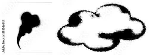 Stylized smoke plume and cloud shapes rendered in halftone dot, vector graphic, isolated foreground, black and white, cartoonish vapor effect.