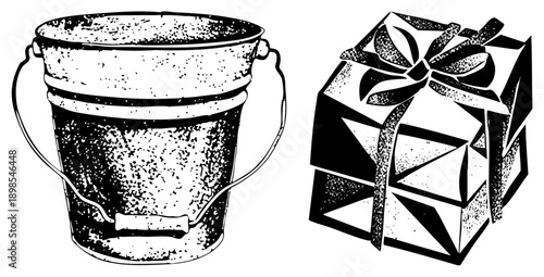 Rustic metal pail with handle, gift wrapped in paper with bow, halftone texture, vector illustration, isolated objects.