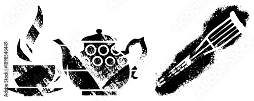 Classic teapot with circular motifs, cup and saucer, stylized coffee grinder, halftone design, retro kitchenware.