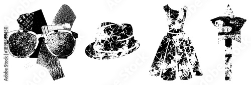 Retro styled sunglasses, fedora hat, flared dress, star shaped sign, vintage fashion symbols, graphic design elements, halftone texture.