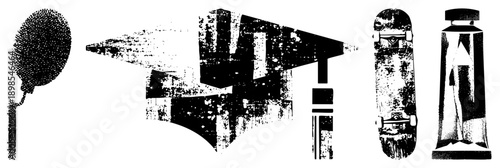 Stylized black and white vector of microphone, cap, skateboard, paint tube graphic design elements, urban art, creative tools, student symbols, artistic motifs.