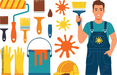 A flat design illustration of a painter's workspace and tools. On the right side is a male figure wearing navy blue overalls and a teal t-shirt