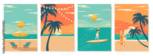 Summer Posters With Seascapes. Sunset With palm trees and ocean. Flat Design of beach holidays, water sports sup board, surfing. Banners for party invitations, marketing, and covers