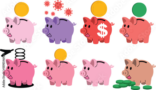 A set of 8 cartoon piggy banks arranged in two rows against a white background.