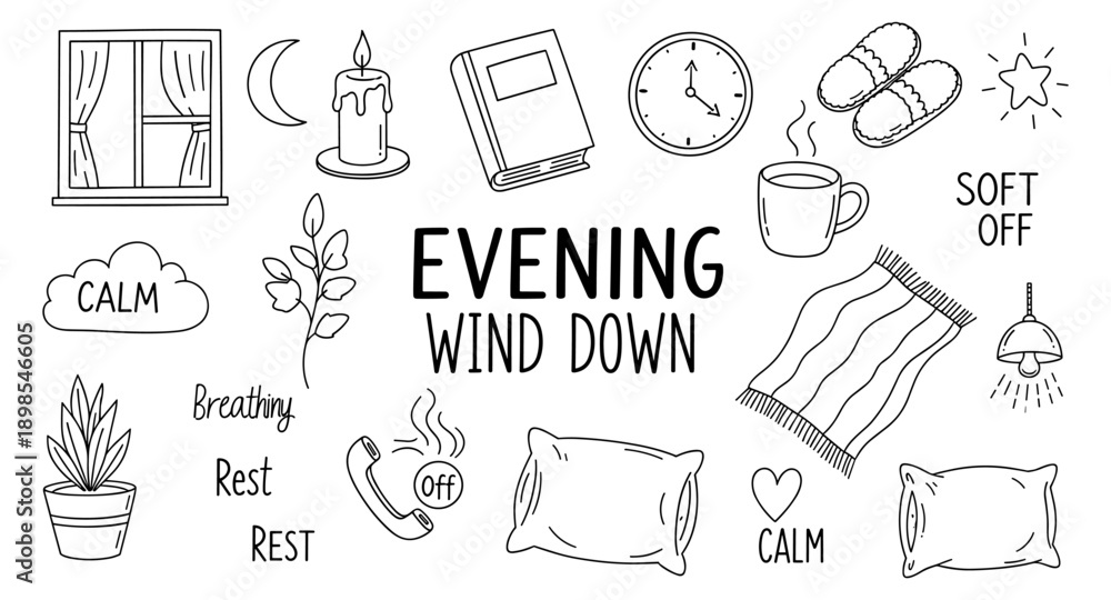 Fototapeta premium Cozy evening wind down routine with calming elements and relaxation symbols