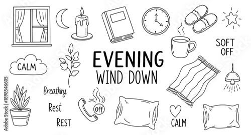 Cozy evening wind down routine with calming elements and relaxation symbols