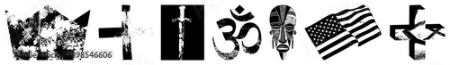 Black and white distressed symbols including crown,, sword, Om, tribal mask, American flag, and abstract, ideal for graphic design or.
