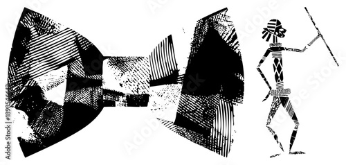 Graphic design featuring bow tie and humanoid silhouette with geometric halftone shading, vector art, stylized fashion accessory and abstract human form.