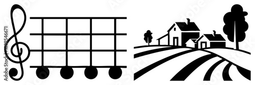 Guitar chord diagram with treble clef, rural farm scene, black silhouette, musical notation, countryside landscape, vector art, isolated graphic.