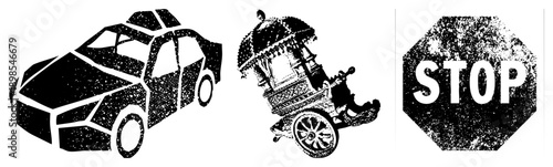 Stylized black and white vector modern car, decorative street cart, octagonal stop sign, all with halftone texture. Urban transport symbols, graphic design elements, street signage.