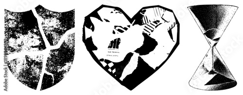 Three symbolic objects rendered in halftone fractured heart, cracked shield, and hourglass. Graphic elements convey emotion, protection, and time. Vector art with distressed texture.