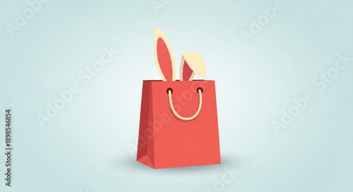 Red shopping bag with rabbit ears on pastel blue background 3d illustration for e commerce and retail concepts