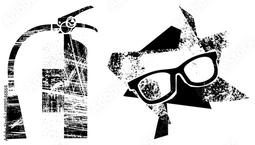 Graphic of fire extinguisher and eyeglasses with gritty texture, safety gear, protective equipment, design, urban grit, vector art.