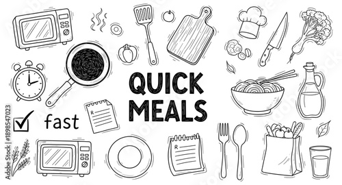 Hand-drawn illustration of quick meal ingredients and cooking tools with text quick meals