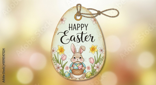 Easter egg decoration with bunny and flowers hanging on twine soft pastel colors festive holiday greeting happy easter message spring celebration blurred background bokeh effect