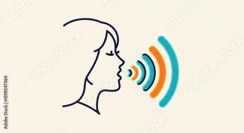 Simple line drawing of a person speaking with colorful sound waves minimalist communication concept isolated on white background