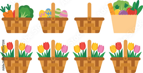 A flat, cartoon-style illustration of two rows of woven wicker baskets and paper bags.