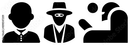 Black vector of anonymous person, masked figure, and stylized hand gesture, flat design, symbolic representation, user avatar, character, digital interface element.
