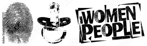 Distressed fingerprint, vintage pacifier, bold fragmented "WOMEN PEOPLE" high contrast, gritty texture. For protest, feminist, or gritty branding.