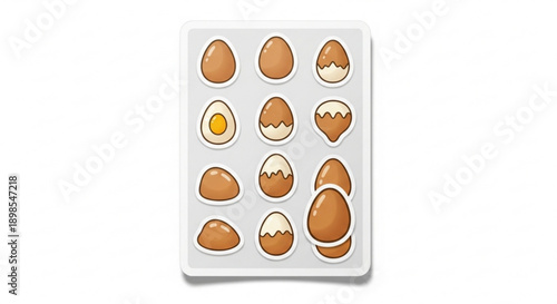 Brown eggs in a carton some cracked open on a white background showcasing different textures and states