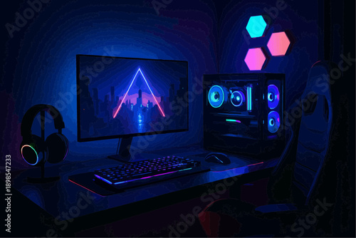 Modern Gaming PC Room Setup with RGB Neon Lighting and Monitor