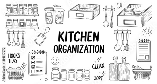 Hand-drawn illustration of kitchen organization tools and concepts for a tidy home