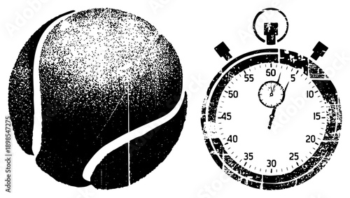 Retro dot matrix tennis ball and stopwatch, halftone texture, vector graphic, sports timing equipment, athletic gear, classic design, illustration.