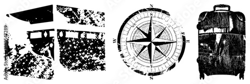 Worn compass rose, textured suitcase, ship hull fragments, travel motifs, distressed vector art, adventure symbols, wanderlust design.