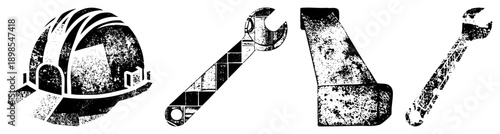 Vector of hard hat, wrench, hammer, and adjustable wrench with distressed texture, construction tools, builder equipment, gritty design, black and white graphic.