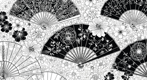 Black and White Handheld Fans with Floral Patterns.