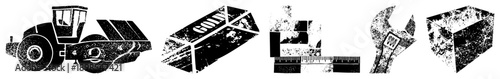 Grunge styled vector of construction equipment, gold bar, measuring tools, wrench, and box isolated industrial symbols with distressed texture, ideal for design or print.