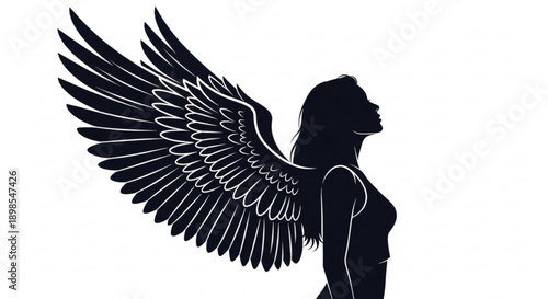 Silhouette of woman with large black wings side profile white background symbolizing freedom and empowerment