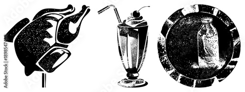 Classic halftone style depicting roasted chicken, cherry milkshake, and glass bottle on textured plate, retro diner aesthetic, black and white vector art.