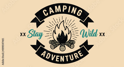 Camping Adventure Emblem with Campfire Design.