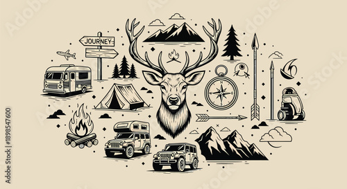 Camping Adventure Illustrations with Deer Antlers.