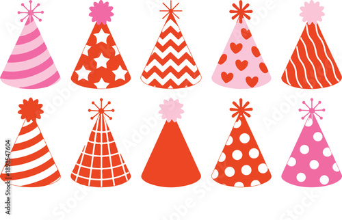 A set of 12 decorative party hats arranged in two rows against a white background.